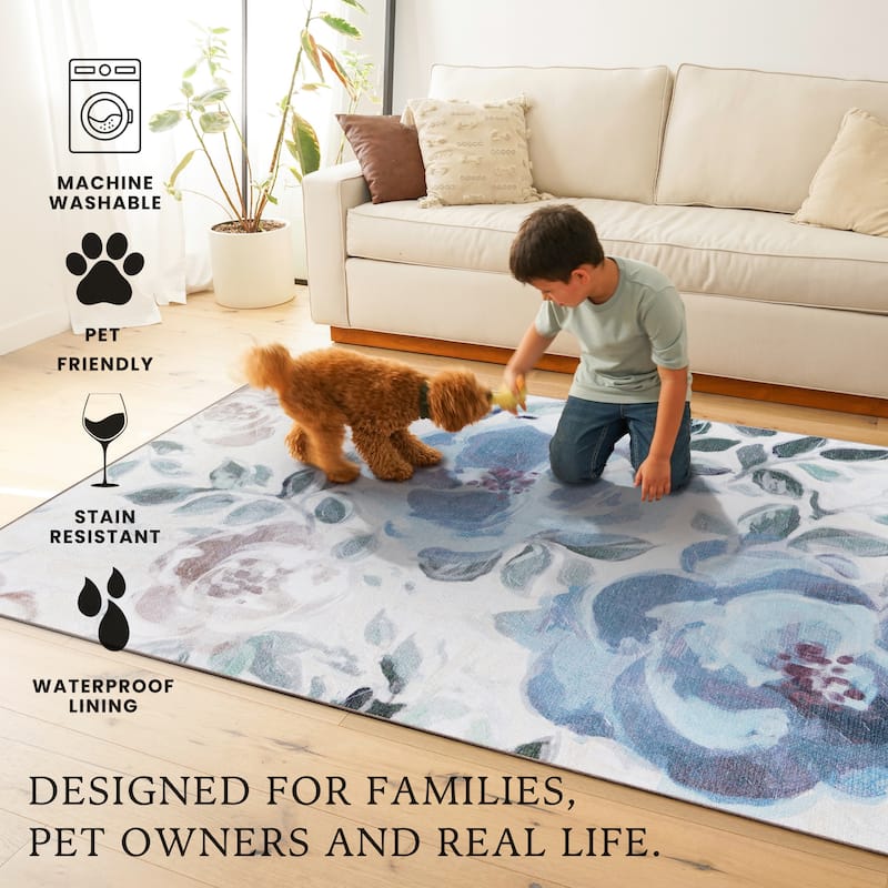 My Magic Carpet Sasha Floral Cream Blue Machine Washable Rug