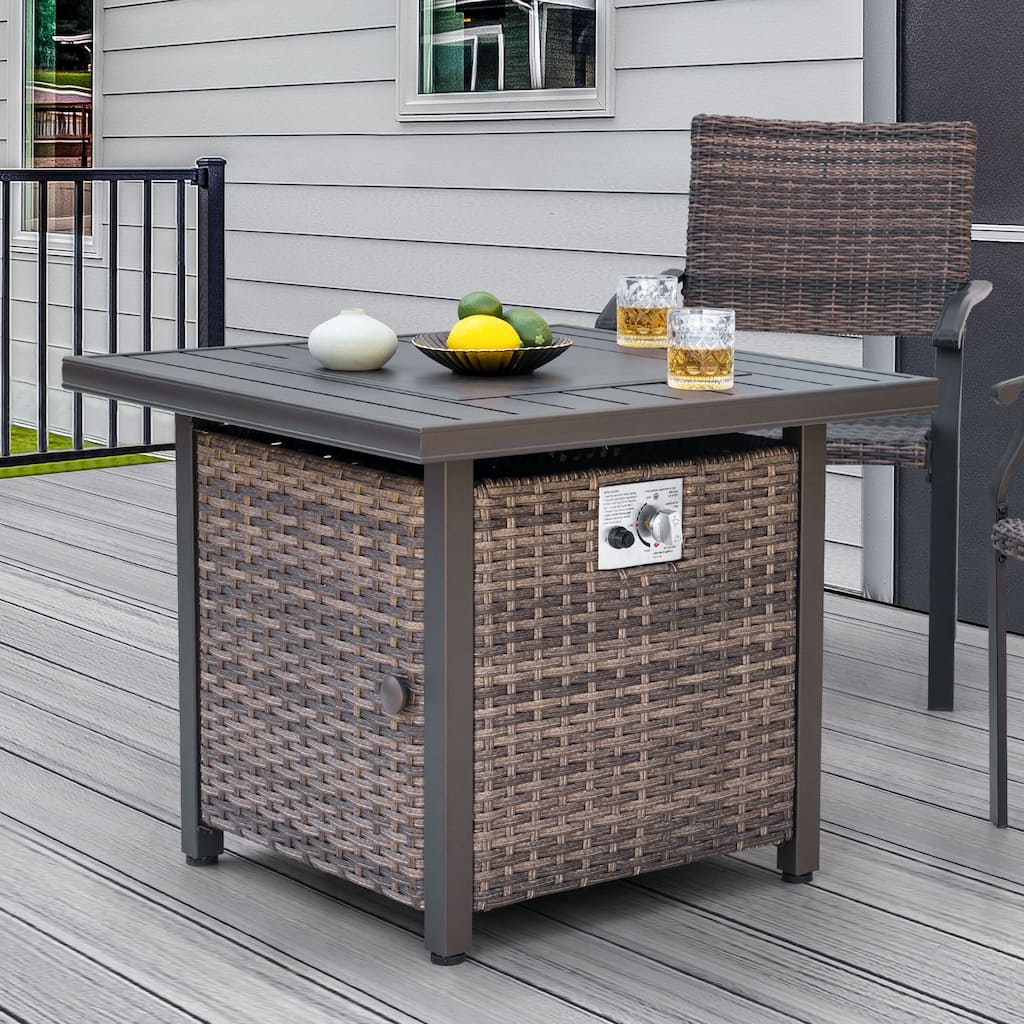 Outdoor 30’’ Square Rattan Fire Pit Table with Metal Lid, Brown
