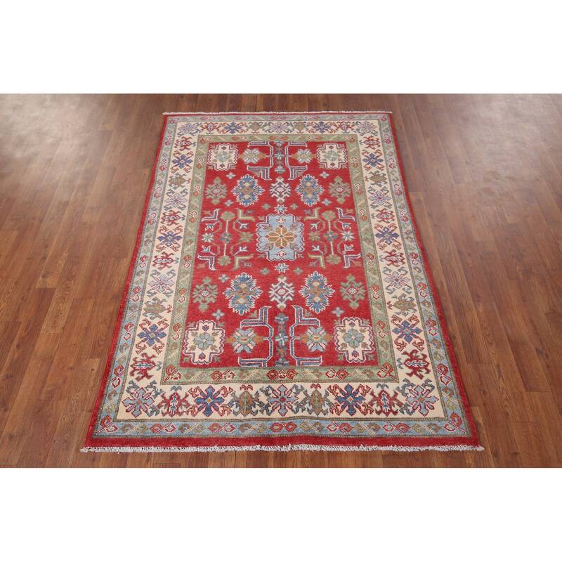 Red Kazak Oriental Accent Rug Hand-Knotted Geometric Wool Carpet - 4'0" x 5'9"