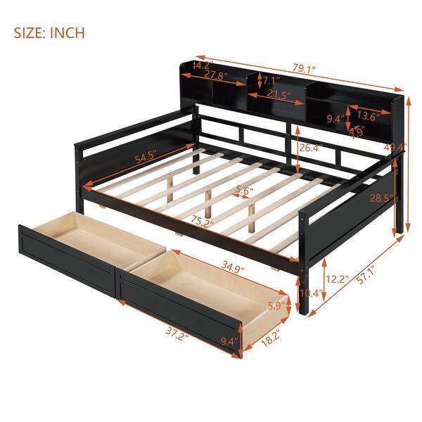 dimension image slide 1 of 3, Full Size Daybed Platform Bed with 2 Storage Drawers and Headboard