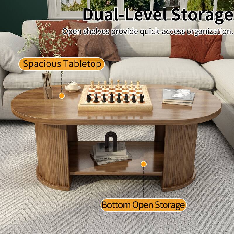 47" Oval Fluted Coffee Table with Storage Shelf, Farmhouse Mid-Century Dual Base Center Table