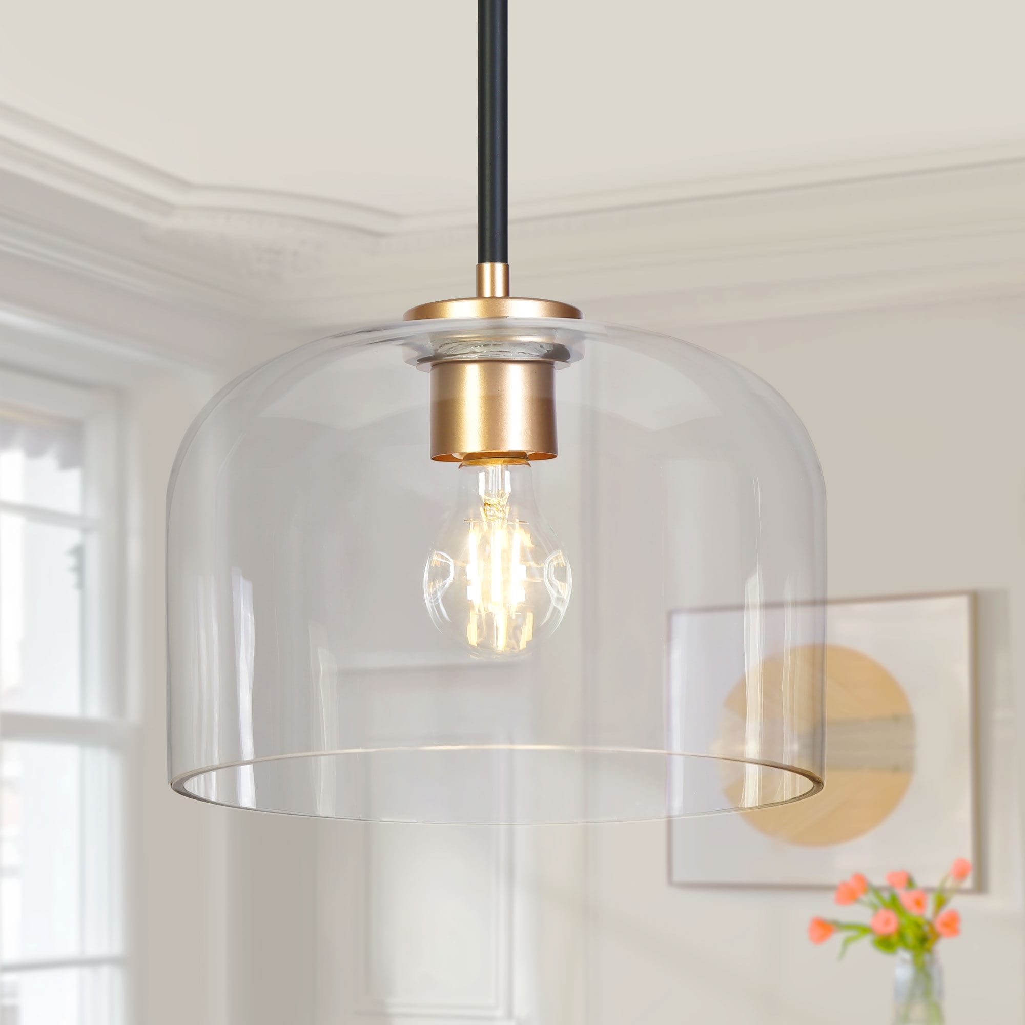 Modern Black Gold Pendant Clear Glass Kitchen Island Light Bowl-Shape Shade for Dining Room