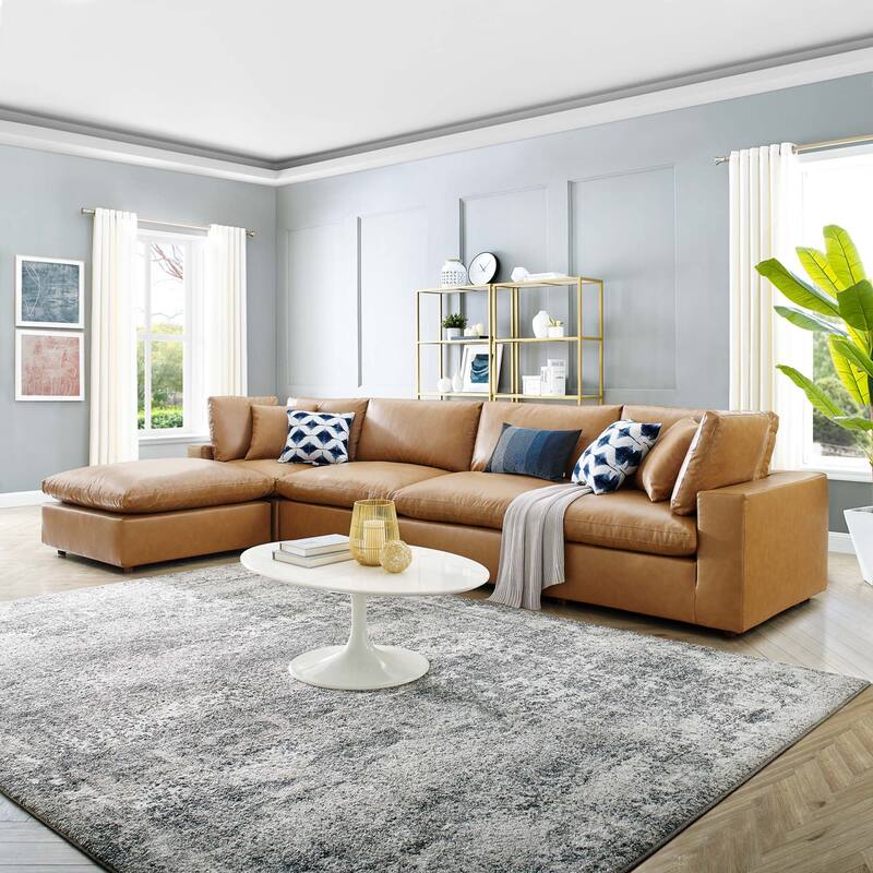 Commix Down Filled Overstuffed Vegan Leather 5-Piece Sectional Sofa - Tan