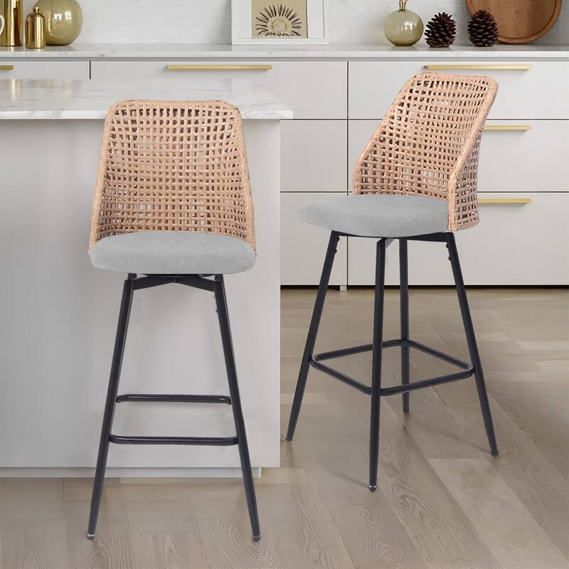 Chenille Counter Height Swivel Bar Stools Rattan Back with Metal Legs