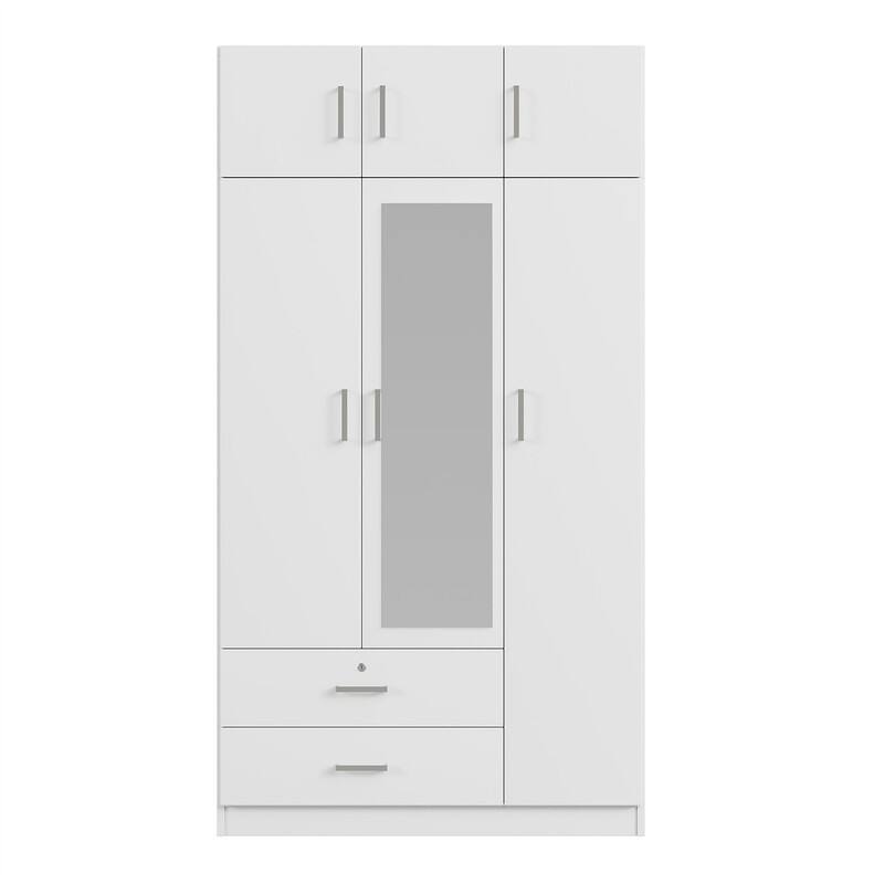 3 Door Wardrobe Closet with Mirror & Top Cabinet, Bedroom Armoire w/ 2 Drawers & Shelves, Modern Storage Cabinet w/ Hanging Rod