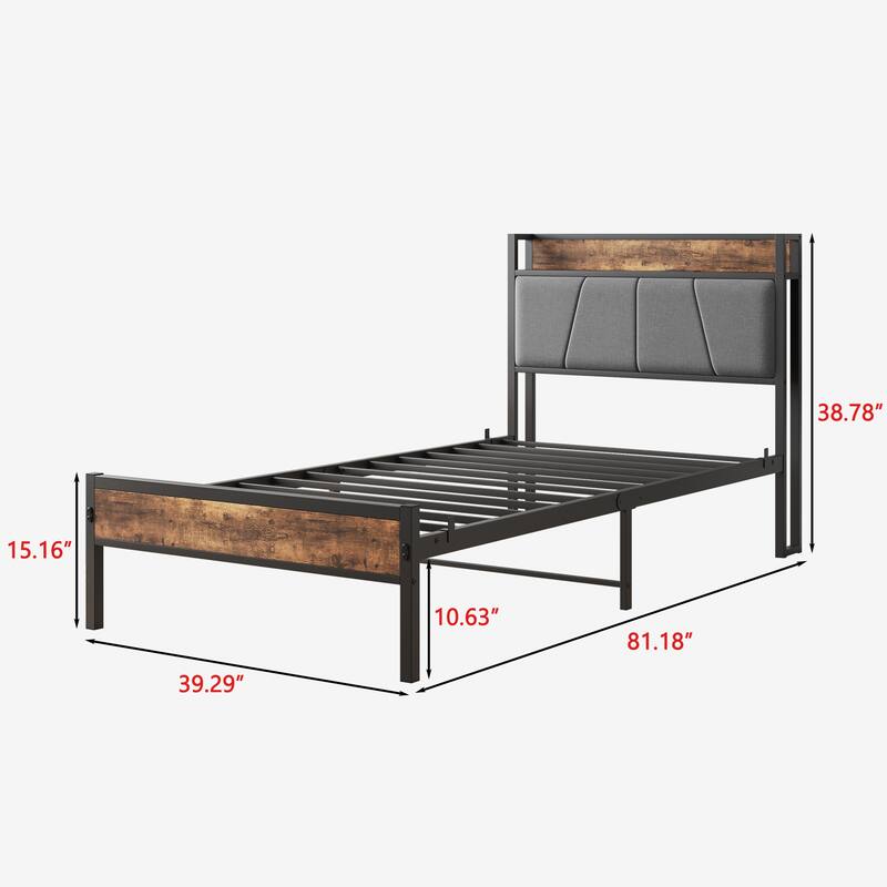 Black Metal and Wood Twin Bed Frame with Storage Headboard, USB Ports and Outlets