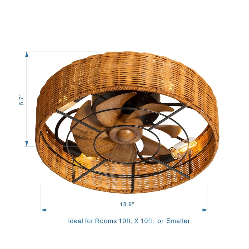 19-in Rattan Shade Low Profile Ceiling Fan with Remote Control