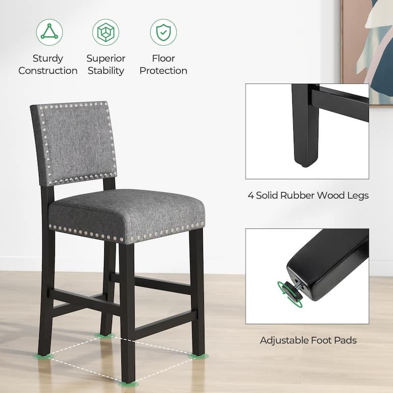 Set of 2 Counter Height Bar Stools with Footrest and Rubber Wood Frame Comfortable Seating