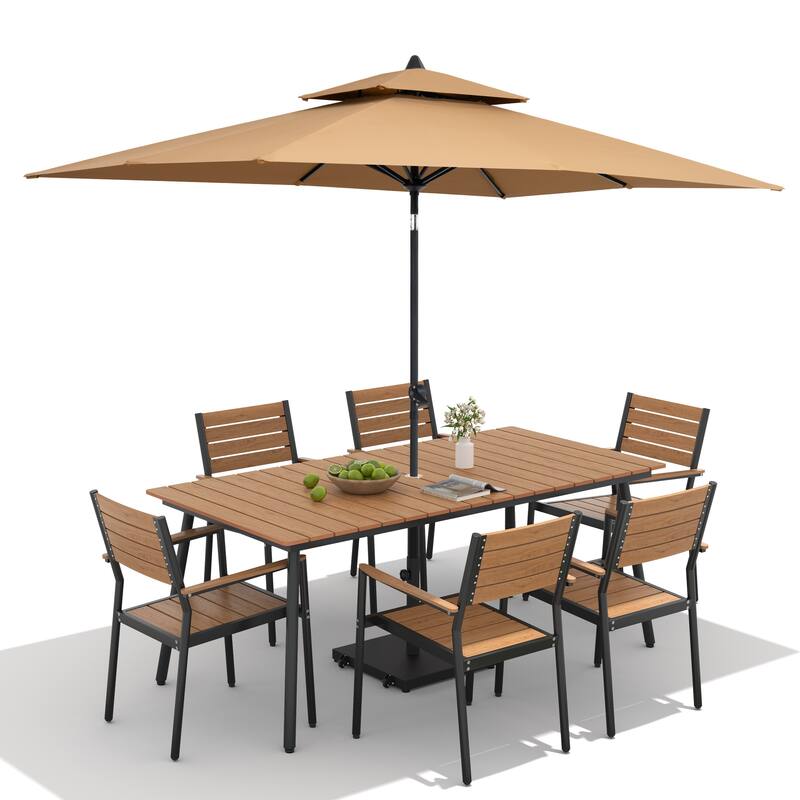 9-Piece Outdoor Dining Set Aluminum Table and 8 Stackable Chairs and 10 ft Umbrella with Base