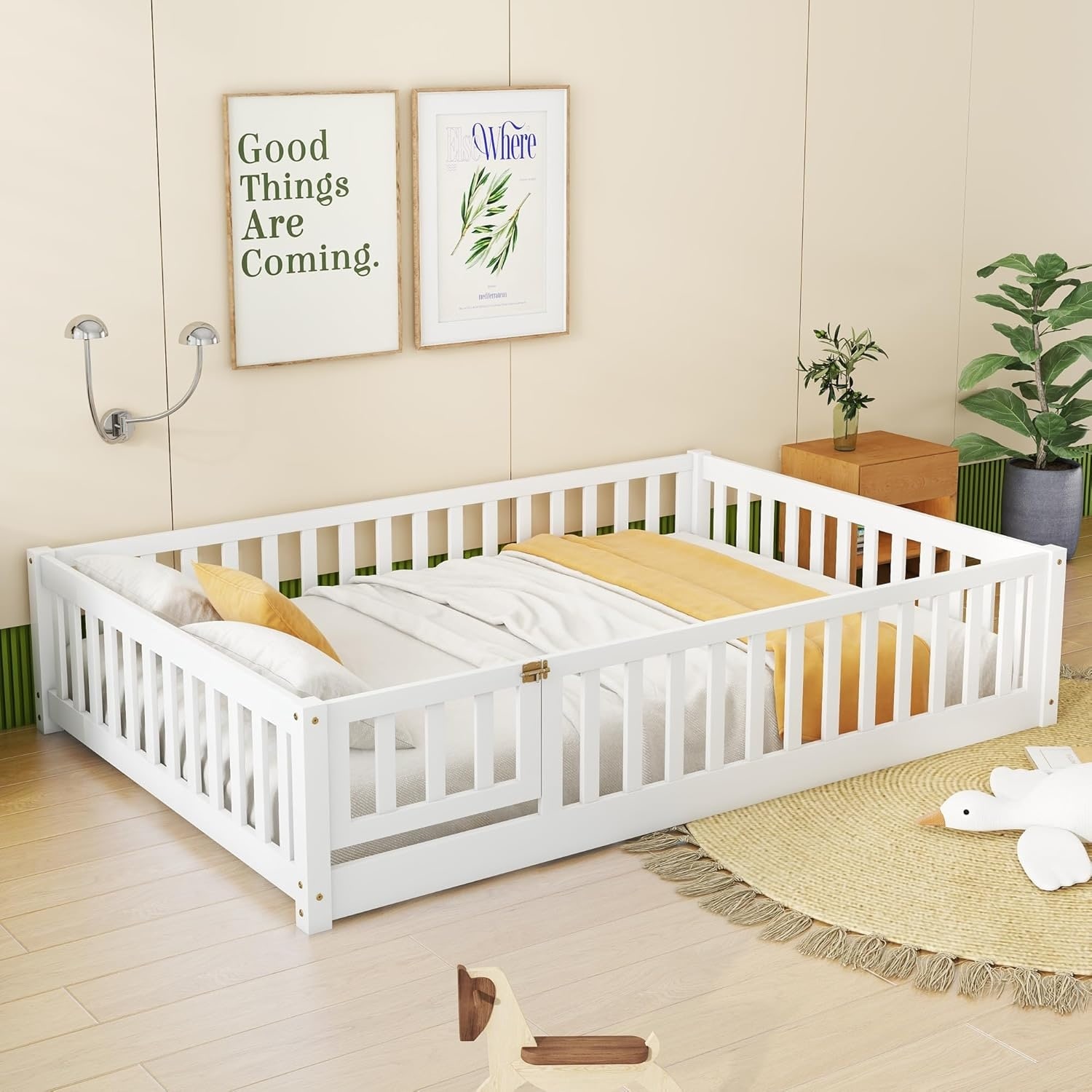 Full Size Montessori Floor Bed with Fence and Door for Kids, Solid Wood Design, White