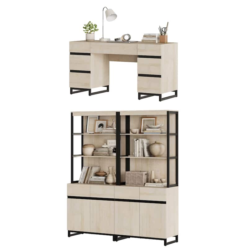 WAMPAT 59in Modern Executive Desk with Charging Station & Drawers and 2 PCS 72in Tall Bookcases with Storage Cabinet.