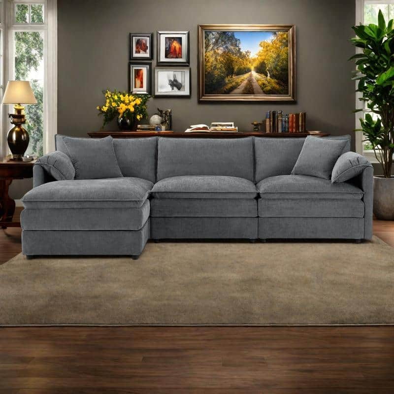 103.5" Chenille Sectional Sofa with 4-Seat L-Shaped Cloud Couch and Ottoman & Pocket Spring Cushions (330lb Capacity) - Dark Gray