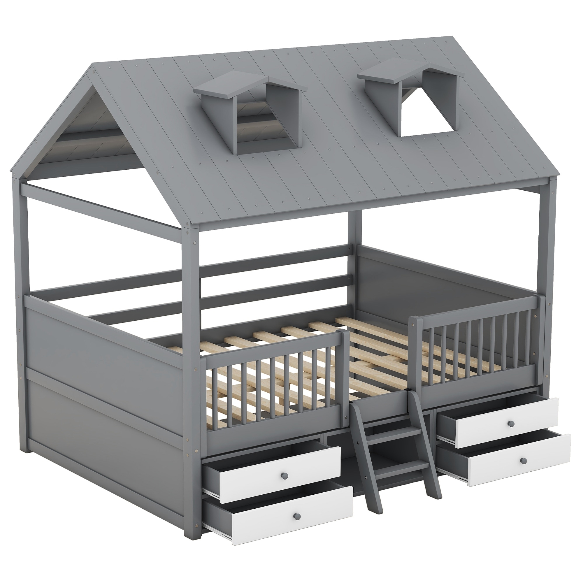 Grey wood house bed frame with roof and storage drawers.