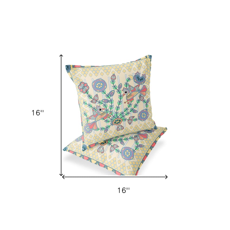 HomeRoots Set of Two 16" X 16" Blue and Yellow Peacock Blown Seam Floral Indoor Outdoor Throw Pillow - 16.00' X '16.00' X '5.00