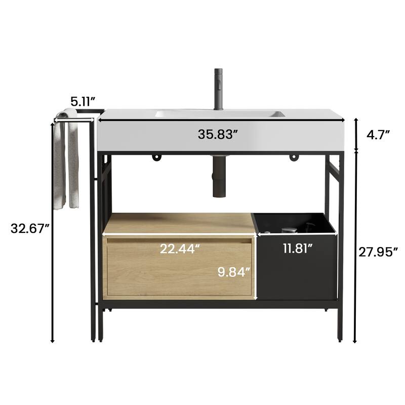 36" Industrial Modular Bathroom Vanity - Metal Frame with Seamless Artificial Stone Basin(Drain & Faucet Not Included)
