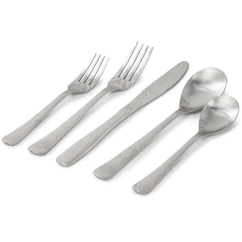 20 Piece Stainless Steel Floral Flatware Set in Matte Silver