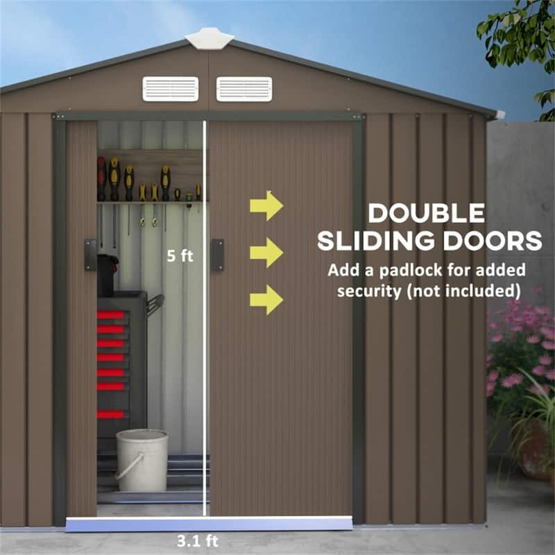 Large Brown Galvanized Steel Garden Storage Shed with Polypropylene Panels Lockable Double Doors and Ventilation