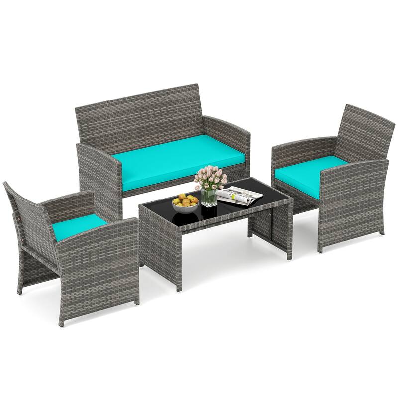 4 Piece Outdoor Patio Furniture Set Mix Gray PE Rattan Loveseat Armchairs and Tempered Glass Coffee Table with Cushions