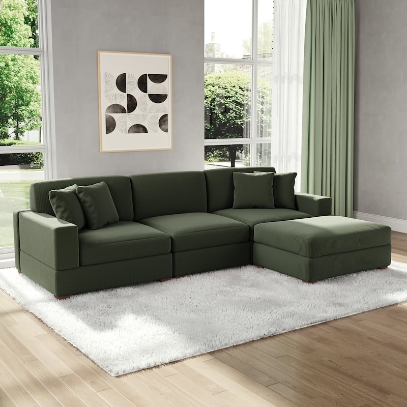 Modular Corduroy Sectional Sofa Set Chaise Couch with Ottoman