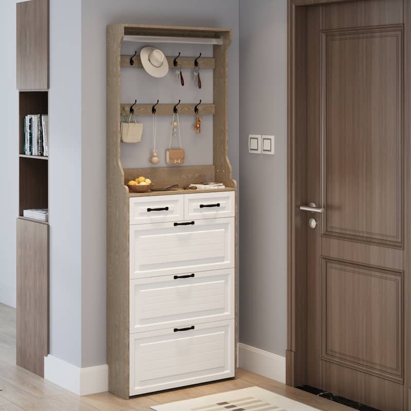 31.5 in.W Shoe Cabinet PVC Door with 3 Doors 2 Drawers with Hanger