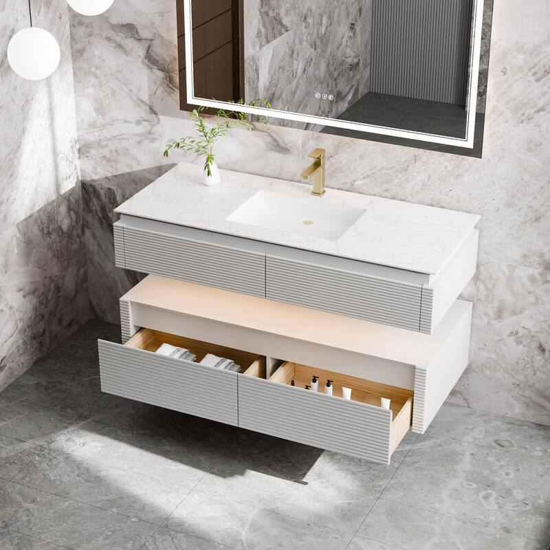 Modland 48" Modern Wall-Mounted Single Sink Bathroom Vanity with Engineered Stone Countertop,Soft-Close Drawers