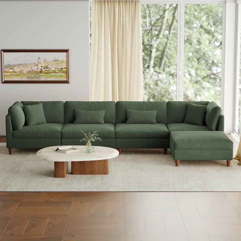 5-Piece Modern Comfy Corduroy Modular Sectional Sofa with Ottoman