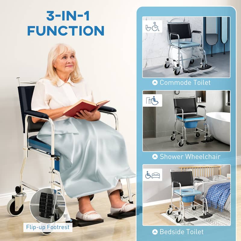 HOMCOM Rolling Shower Chair with Wheels, Bedside Commode Wheelchair with Padded Seat, Backrest, for Handicap