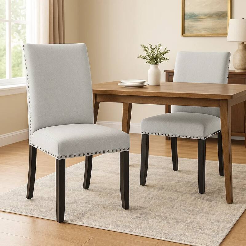 Viem Dining Chair Set of 2, Black Wood, Gray Fabric Seat, Nailhead Trim