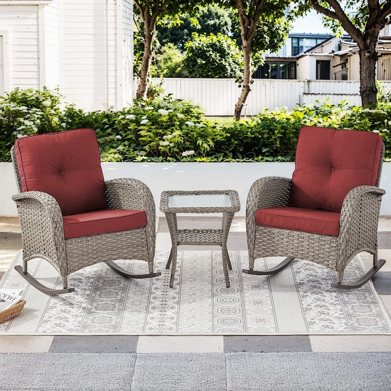 Pocassy 3-Piece Outdoor Rocking Chairs with Side Table Patio Rocker Chairs Bistro Set - Red Cushion - Gray Wicker