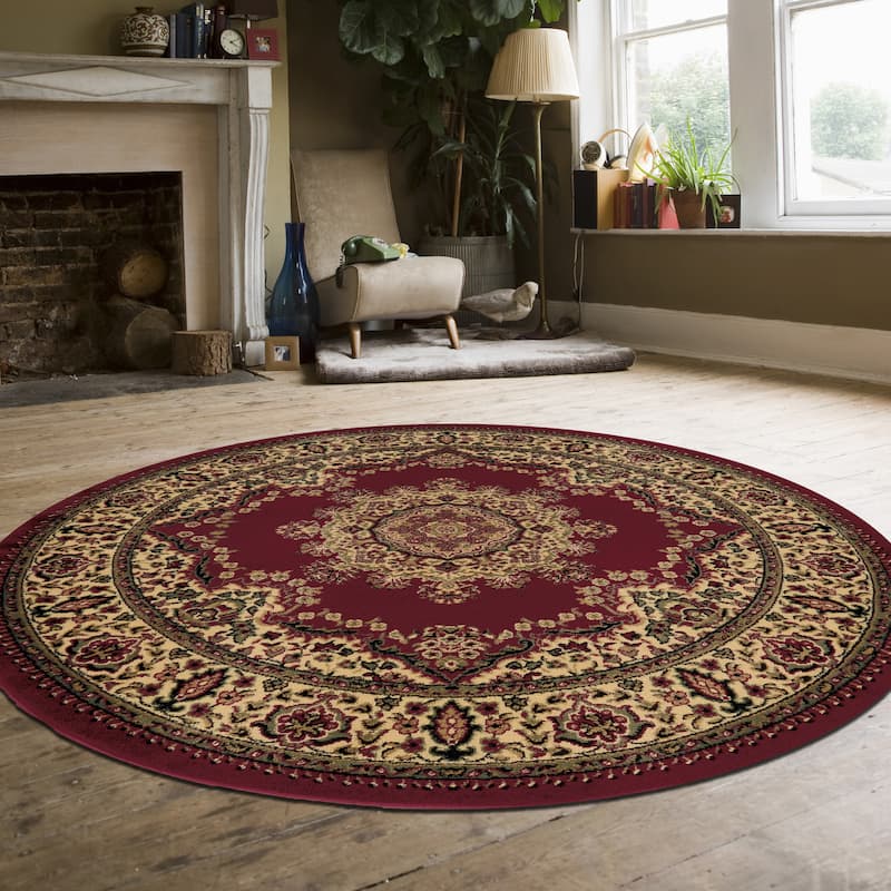 Admire Home Living Caroline Traditional Medallion Area Rug - 5'3" Round/Surplus - Burgundy