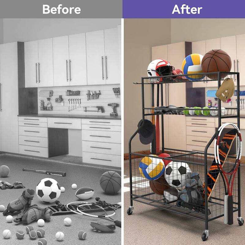 Garage Ball and Sports Equipment Organizer, Ball Storage Rack - 36.25 x 17.25 x 6.75 inches