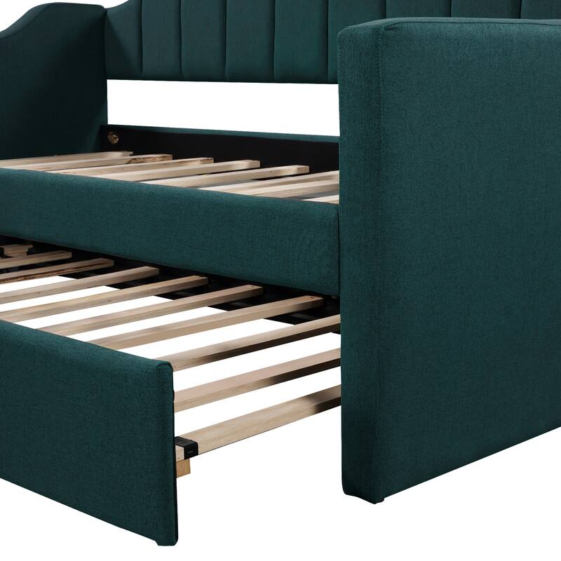 Twin Daybed with Trundle, Upholstered in Polyester, Comfortable Guest Bed with Extra Sleeping Space