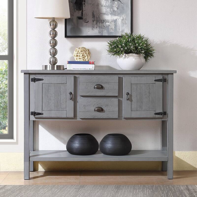 Solid Wood Sideboard Console Table with 2 Drawers and Cabinets and Bottom Shelf, Storage Dining Buffet Server Cabinet