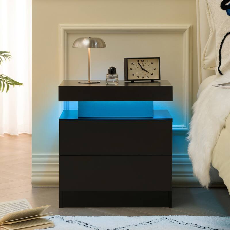 Modern Black LED Nightstand with 2 Drawers and Adjustable Lighting - Black