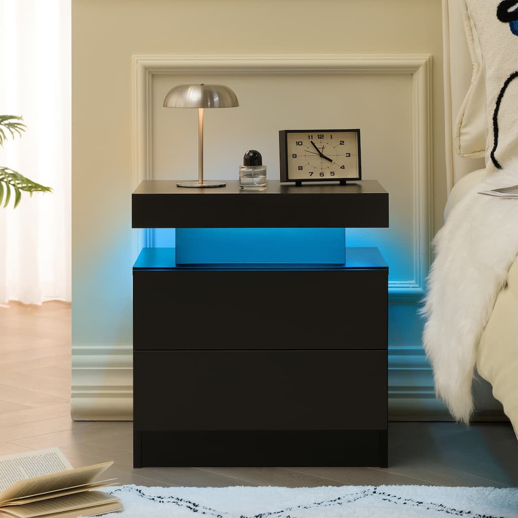 Modern Black LED Nightstand with 2 Drawers and Adjustable Lighting