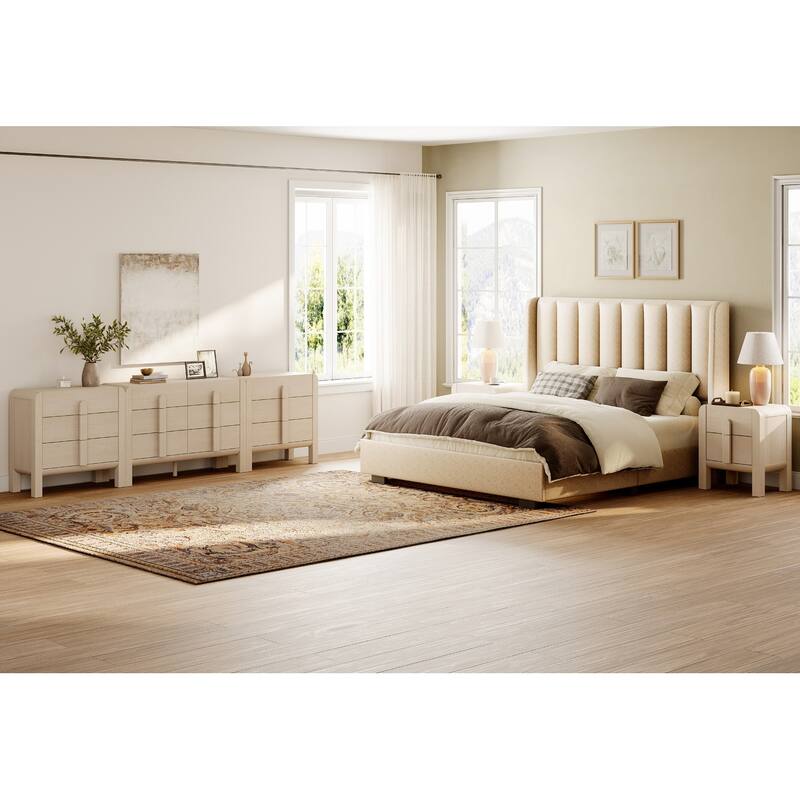 WAMPAT Wooden Dresser And Nightstand Sets, 5 Pcs Bedroom Set, Night Stand Set Of 2, 12 Drawer Dresser With Curved Profile Design - Light Oak