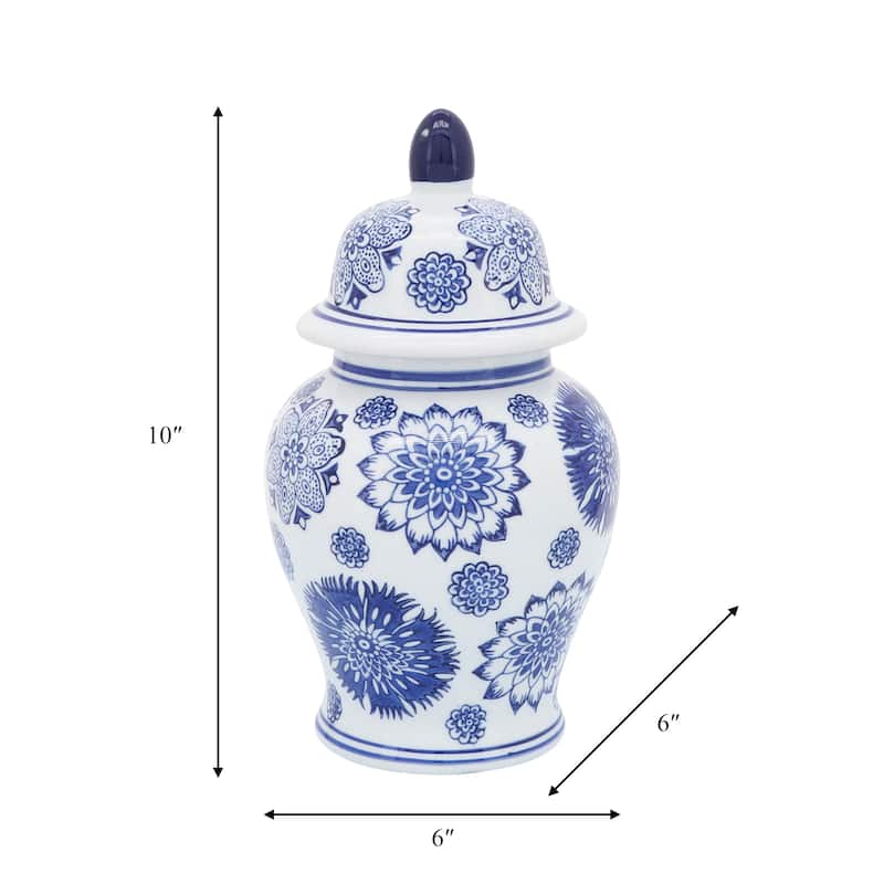 Sagebrook Home 10" Temple Jar - A Contemporary Ceramic Piece with White & Blue Floral Glam for Home or Office Decor