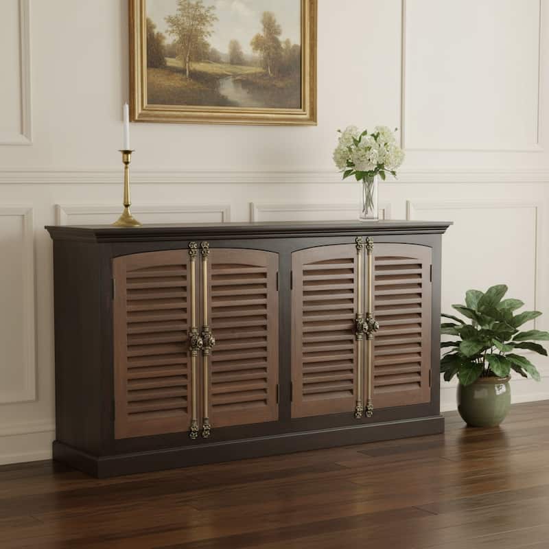 HomeRoots 72" Dark Brown Solid Wood Shutter Style Sideboard with Four Doors - 72.00 in. x 37.00 in. x 15.00 in. - 72.00 in. x 37.00 in.  x 15.00 in.