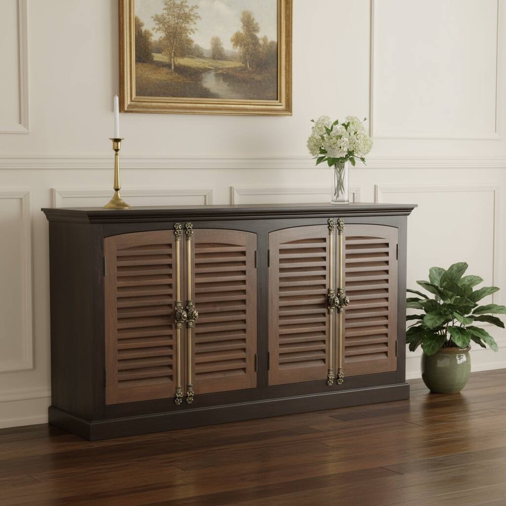 HomeRoots 72" Dark Brown Solid Wood Shutter Style Sideboard with Four Doors - 72.00 in. x 37.00 in. x 15.00 in.