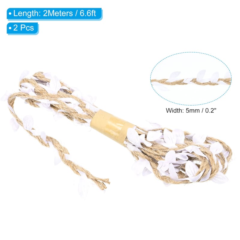 2Pcs 6.6ft 5mm Burlap Leaf Ribbon Vine Natural Jute Rope Twine - White