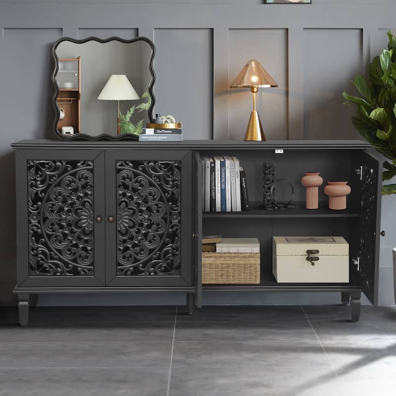 Buffet Cabinet with Floral Carvings with Solid Wood Legs&Antique Brass Handles&Adjustable Shelves, - Black