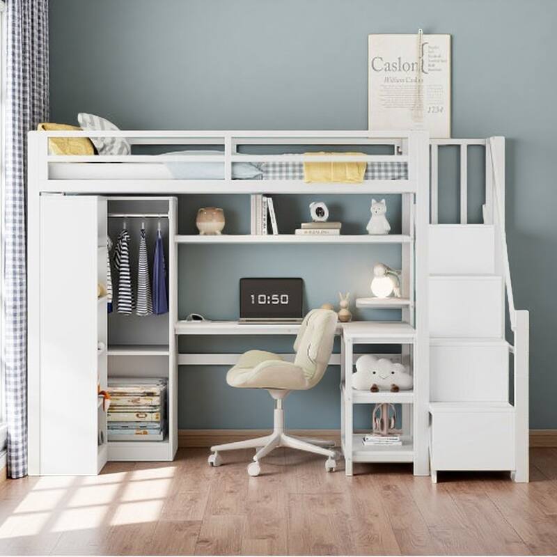 Full-Size Metal Loft Bed with Built-in Wardrobe, L-Shaped Desk, Charging Ports, and Multi-Layer Storage Shelves - Twin White - Twin
