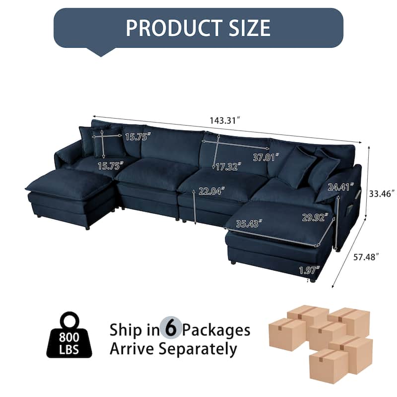 143.31" Chenille Upholstered U-Shaped Modular Sectional Sofa with Double-Layer Cushions, DIY Combination