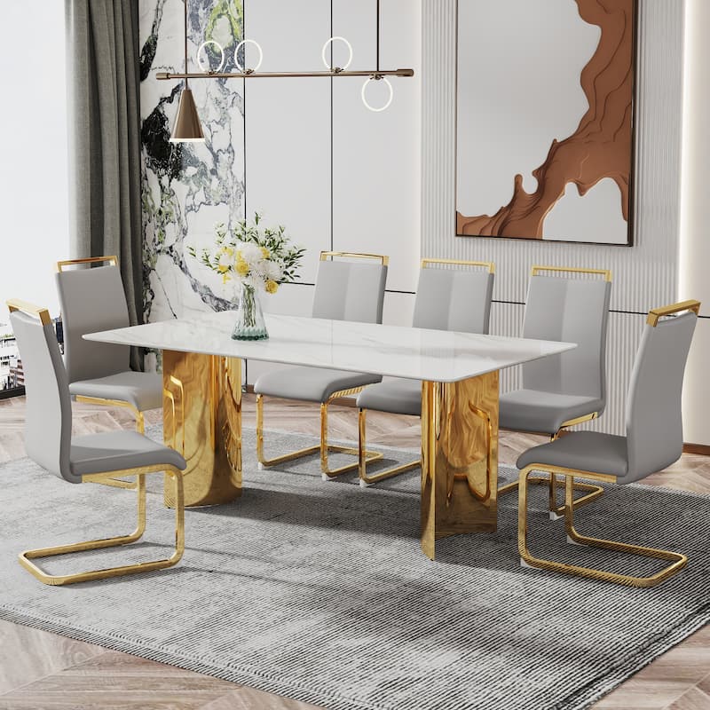 Roomfitters Dining Table with White Marble Glass Top and Gold Metal Legs for Kitchen or Living Room Use, White