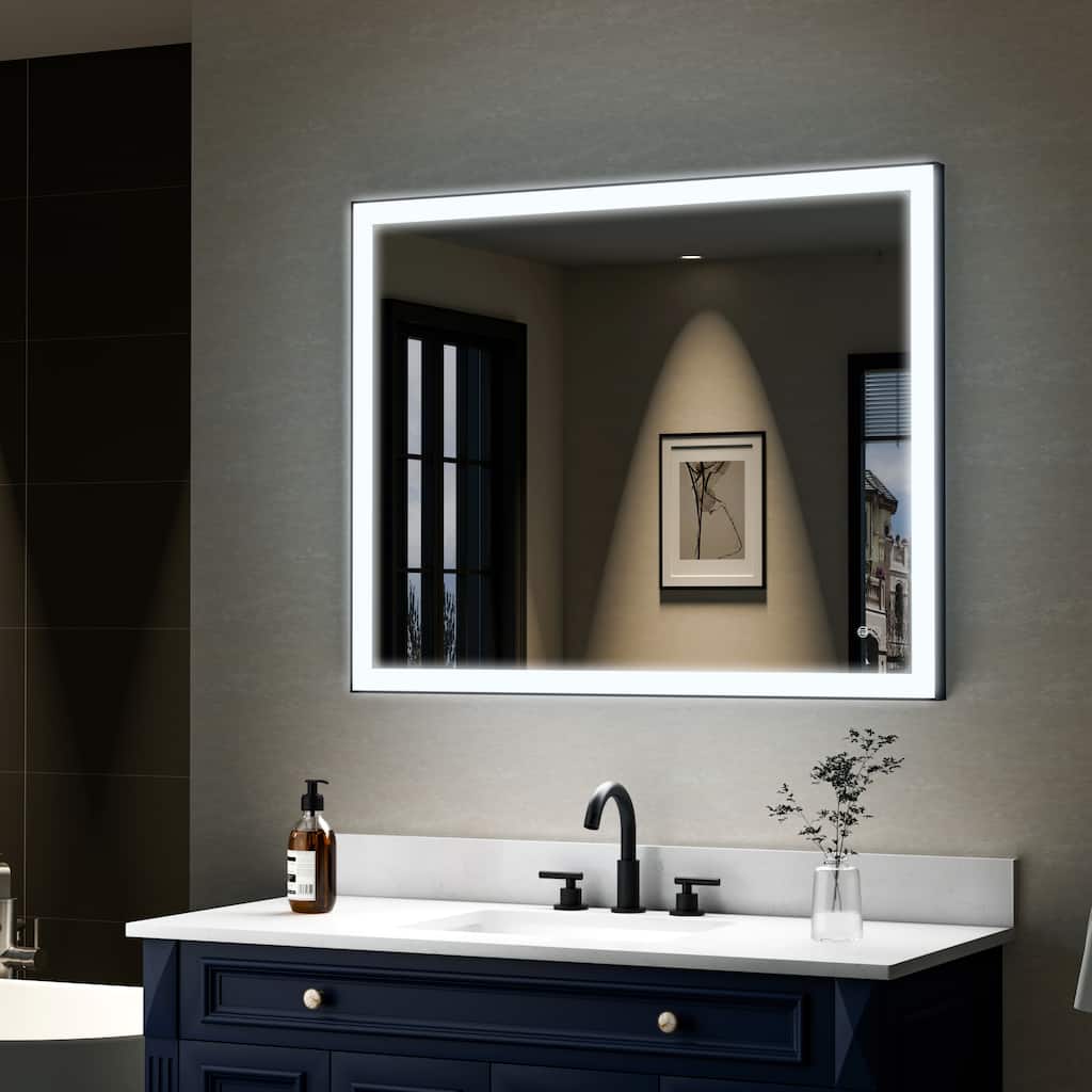 Wall Mounted Bathroom Framed LED Mirror With Dimmable Light Touch Sensor And Memory Function, Anti- Fog