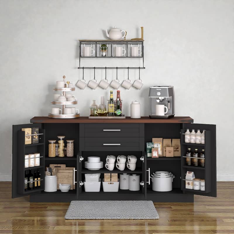 63 Inch Farmhouse Barn Door Buffet Cabinet with Drawers, Coffee Bar Storage Console with Adjustable Shelves