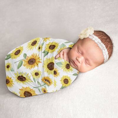 Sunflower Collection Girl Baby Swaddle Receiving Blanket - Yellow and Green Farmhouse Floral Watercolor Flower