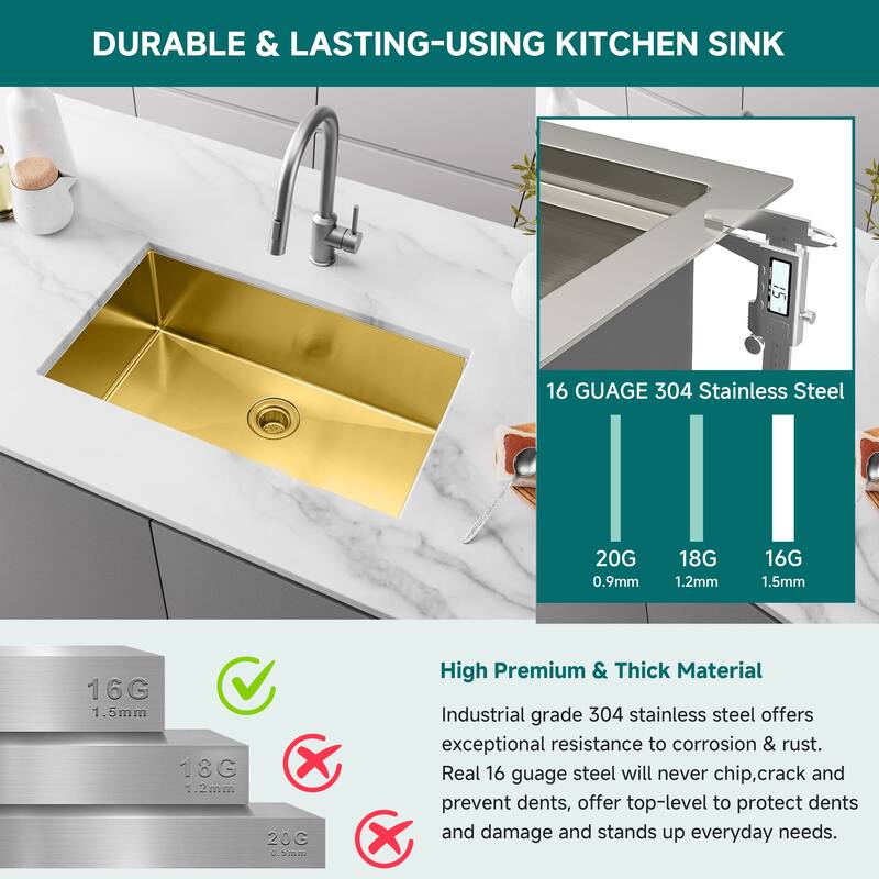 CB HOME 32 Inch Gold Kitchen Sink, 32x19 Undermount Single Bowl Sink, Stainless Steel Kitchen Sink with Drainer & Grid
