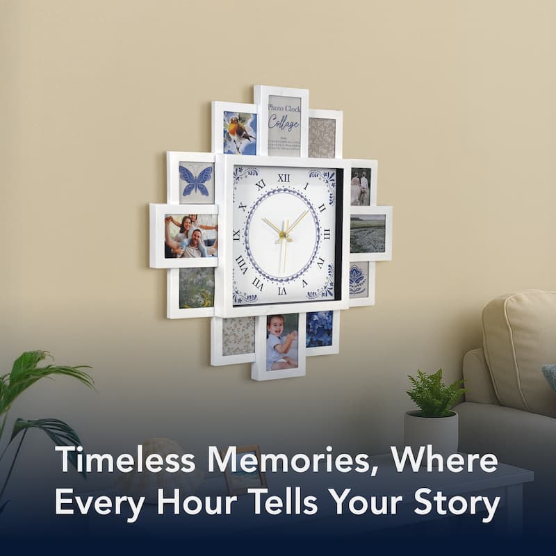 American Art Decor Picture Frame Collage Wall Clock 12 Photo Display Slots