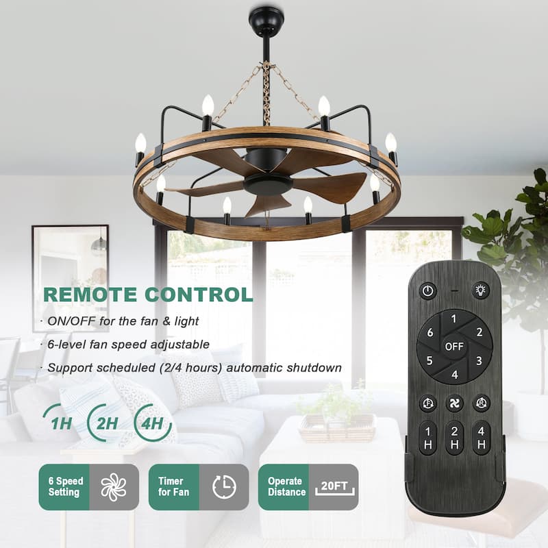 Cusp Barn 36 Inch Rustic Wagon Wheel Ceiling Fan with Light and Remote, Industrial 6 Speeds Fandelier Ceiling Fan for Bedroom